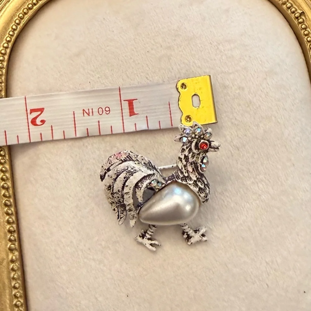 Silver‎ Tone Rooster brooch Faux Pearl Aurora Borealis Crystals Fancy Farmhouse